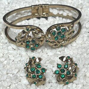 Vintage Gold-Tone Hinged Clamper Cuff Bracelet & Earrings Green Rhinestones